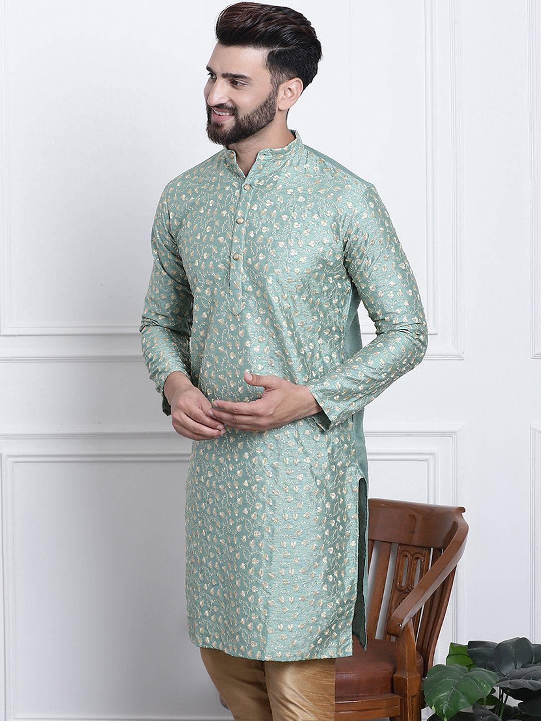 Men's Silk Blend Embroidered Dark Pista Long Kurta