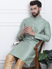 Men's Silk Blend Embroidered Dark Pista Long Kurta