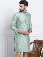 Men's Silk Blend Embroidered Dark Pista Long Kurta