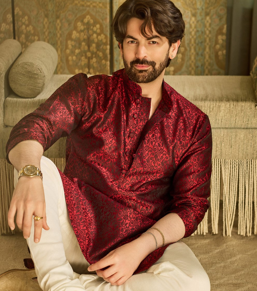 Men's Silk Blend Paisley Design Maroon Long Kurta