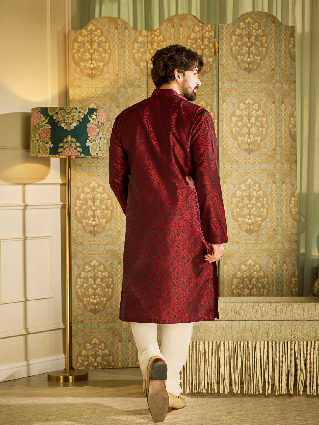 Men's Silk Blend Paisley Design Maroon Long Kurta