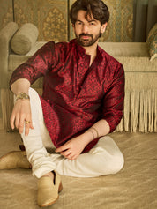 Men's Silk Blend Paisley Design Maroon Kurta with Off white Pyjama