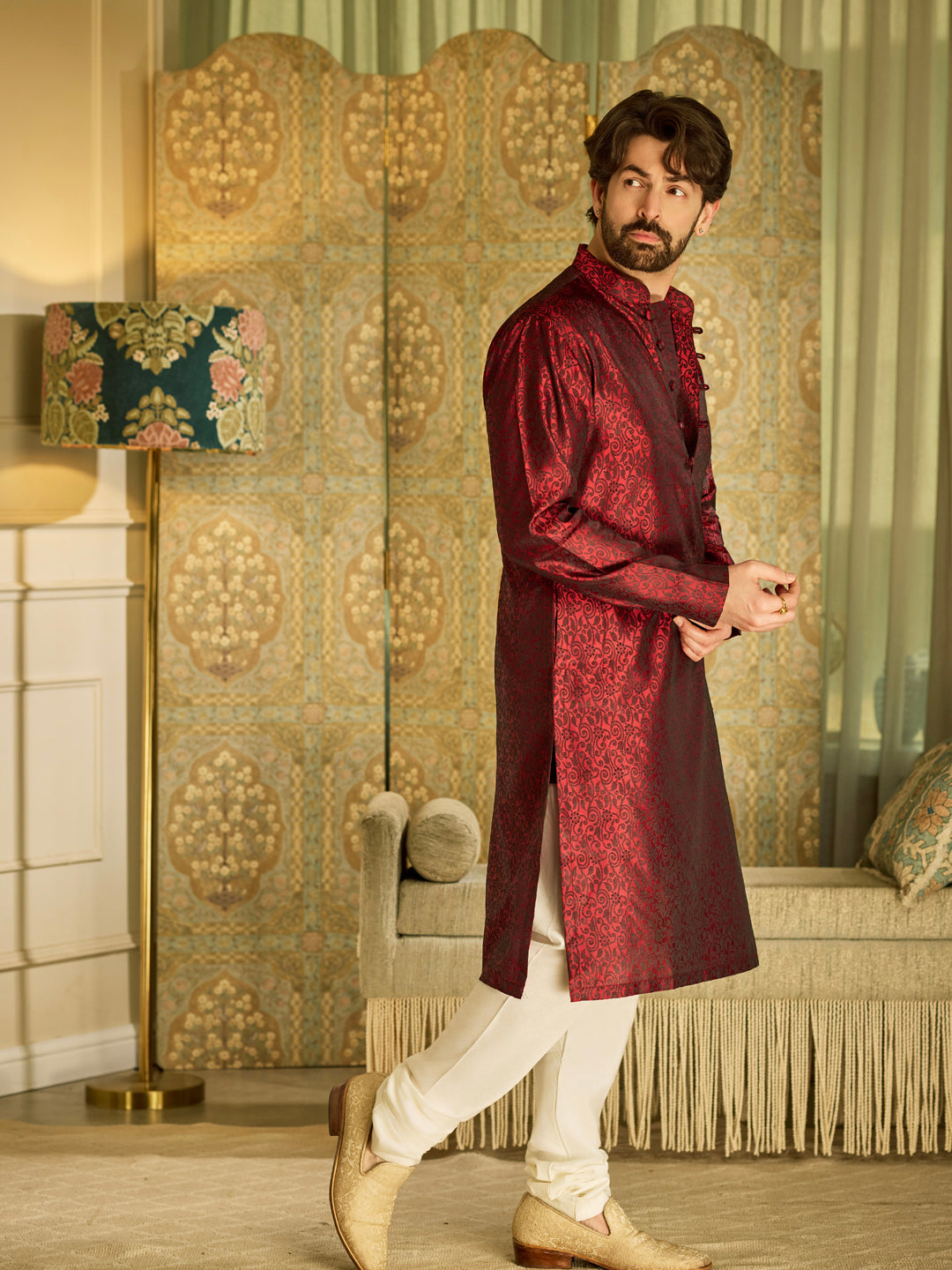 Men's Silk Blend Paisley Design Maroon Kurta with Off white Pyjama