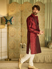 Men's Silk Blend Paisley Design Maroon Kurta with Off white Pyjama