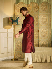 Men's Silk Blend Paisley Design Maroon Kurta with Off white Pyjama