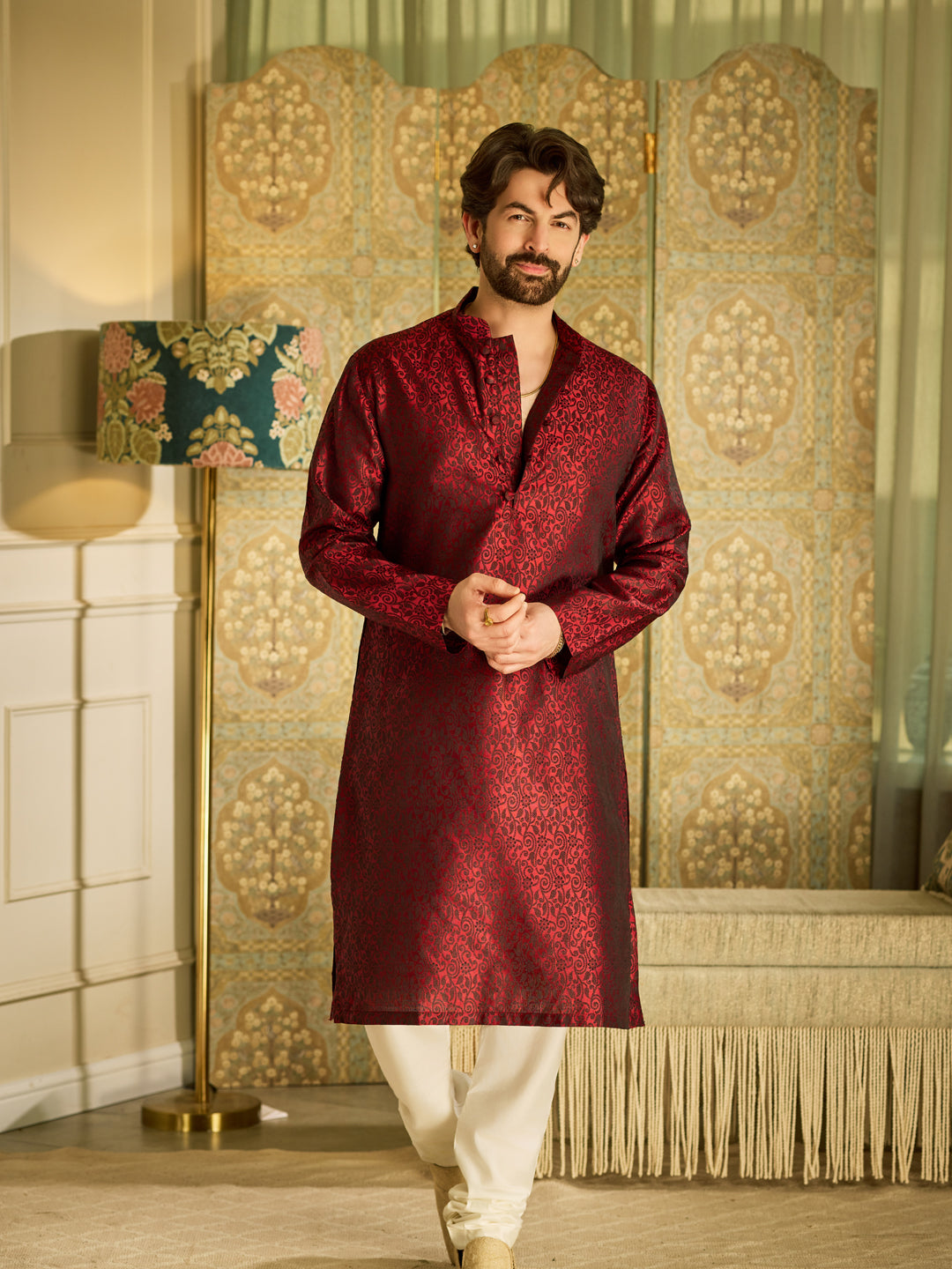 Men's Silk Blend Paisley Design Maroon Kurta with Off white Pyjama