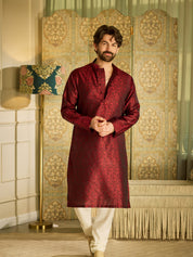 Men's Silk Blend Paisley Design Maroon Kurta with Off white Pyjama