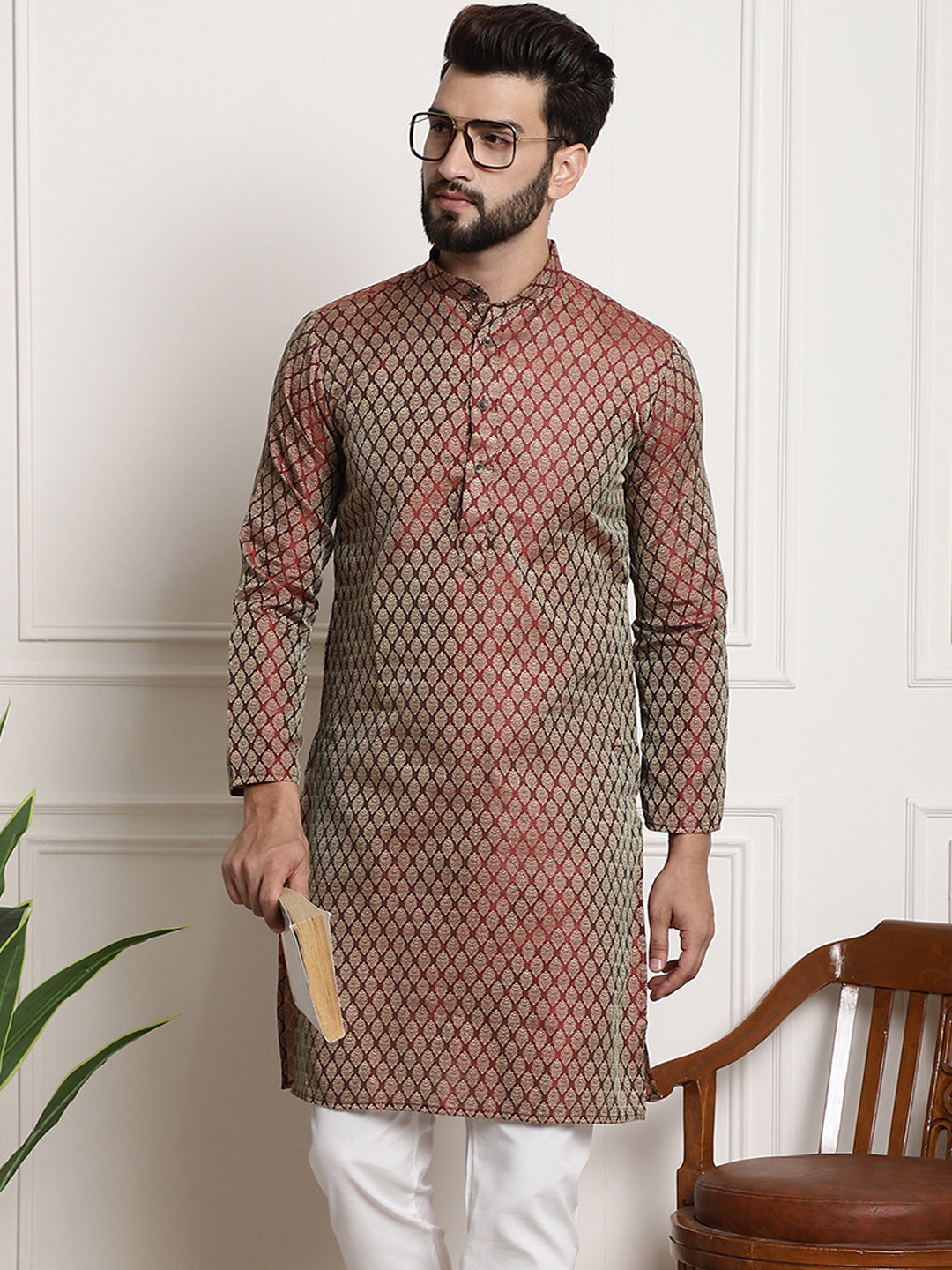 Men's Silk Blend Self Design Maroon Long Kurta