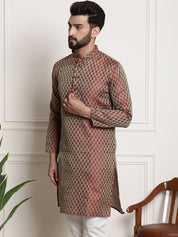 Men's Silk Blend Self Design Maroon Long Kurta