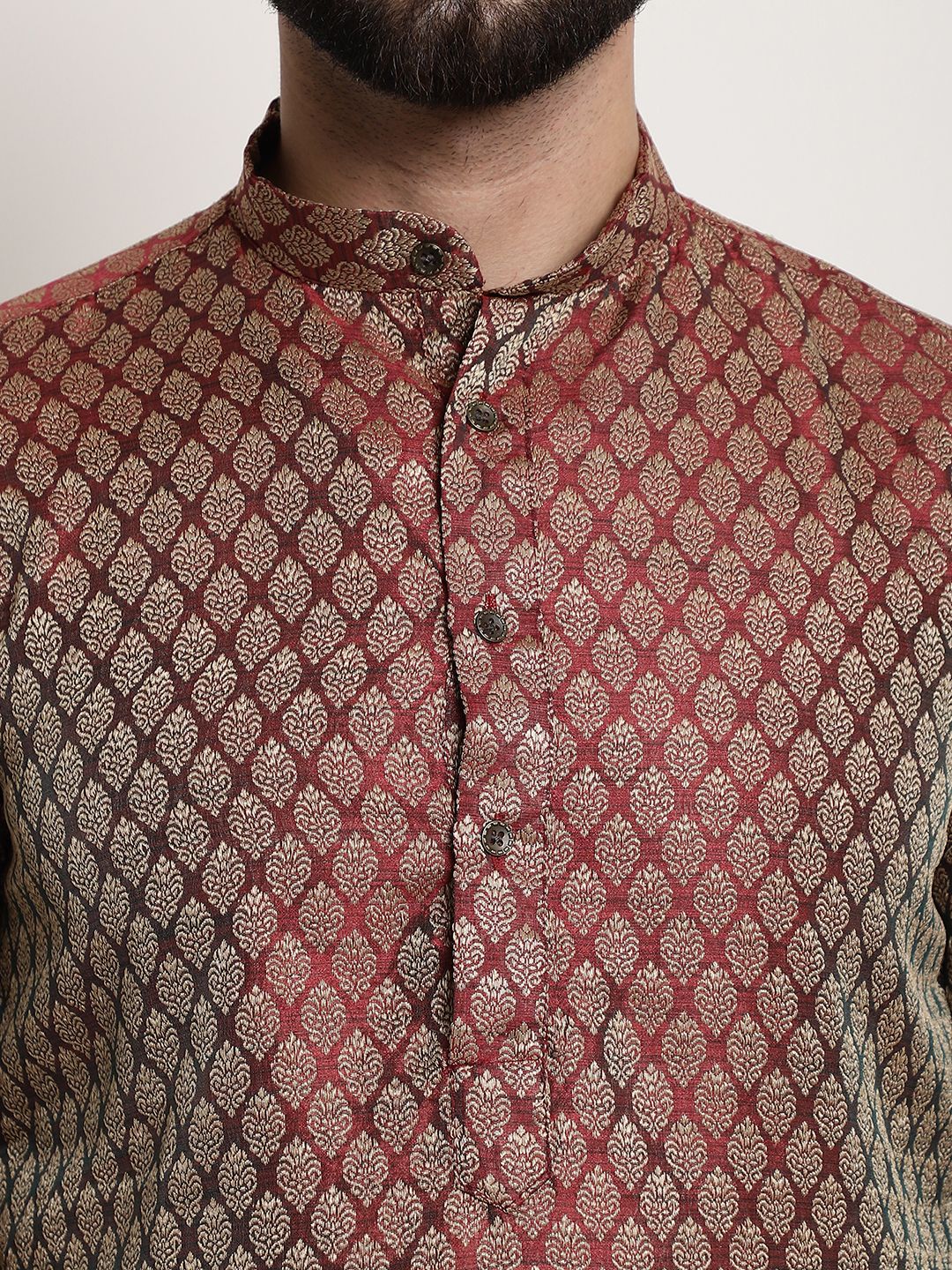 Men's Silk Blend Self Design Maroon Long Kurta