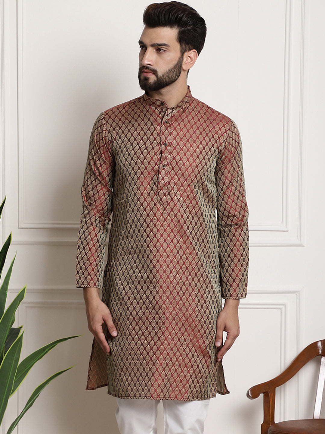 Men's Silk Blend Self Design Maroon Long Kurta