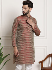 Men's Silk Blend Self Design Maroon Long Kurta