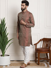 Men's Silk Blend Self design Maroon Kurta With Cream Churidaar Pyjama