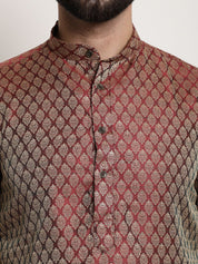 Men's Silk Blend Self design Maroon Kurta With Cream Churidaar Pyjama