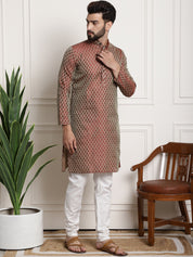 Men's Silk Blend Self design Maroon Kurta With Cream Churidaar Pyjama