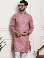 Men's Silk Blend Self Design Pink Long Kurta