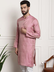 Men's Silk Blend Self Design Pink Long Kurta