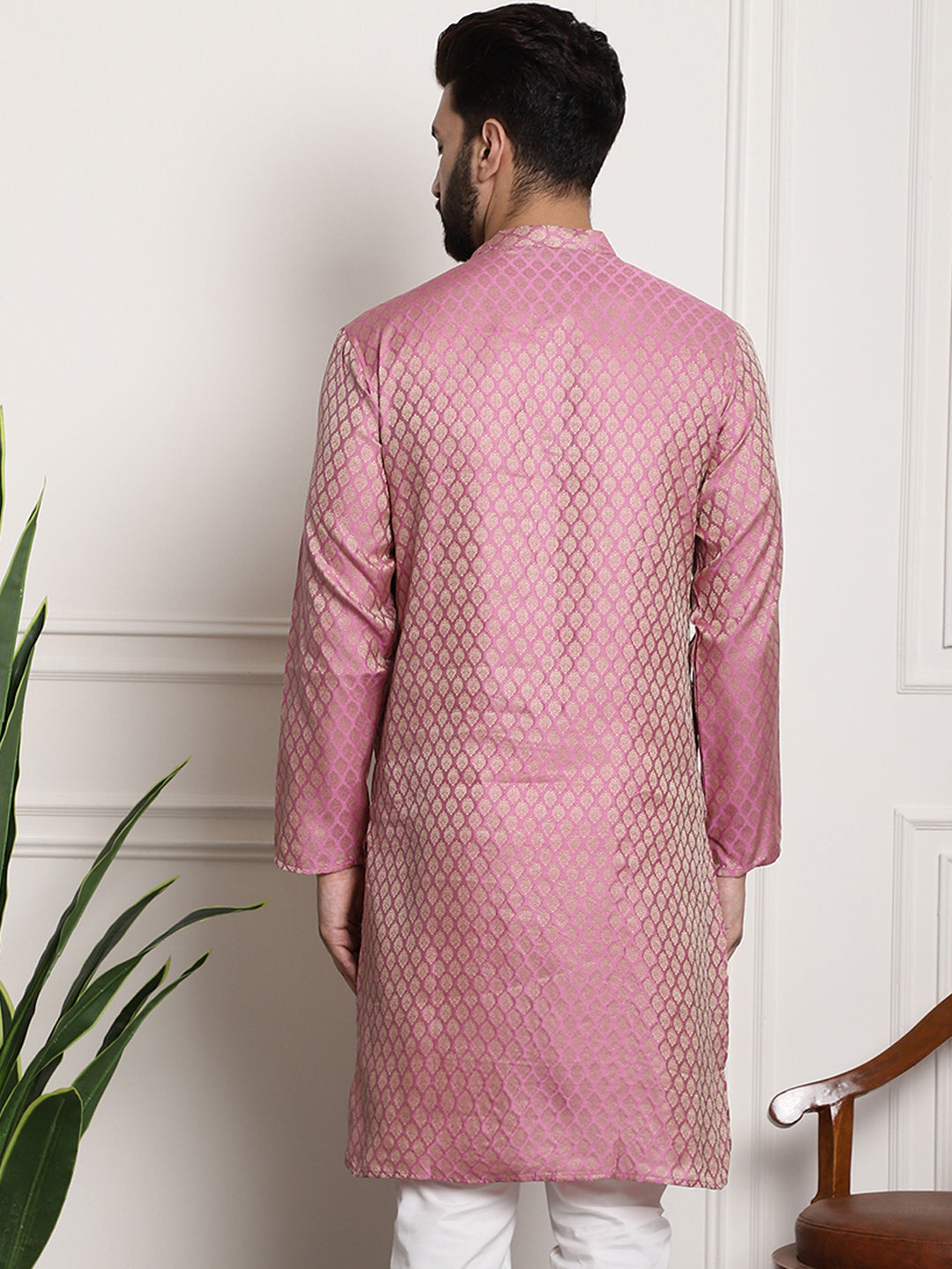 Men's Silk Blend Self Design Pink Long Kurta