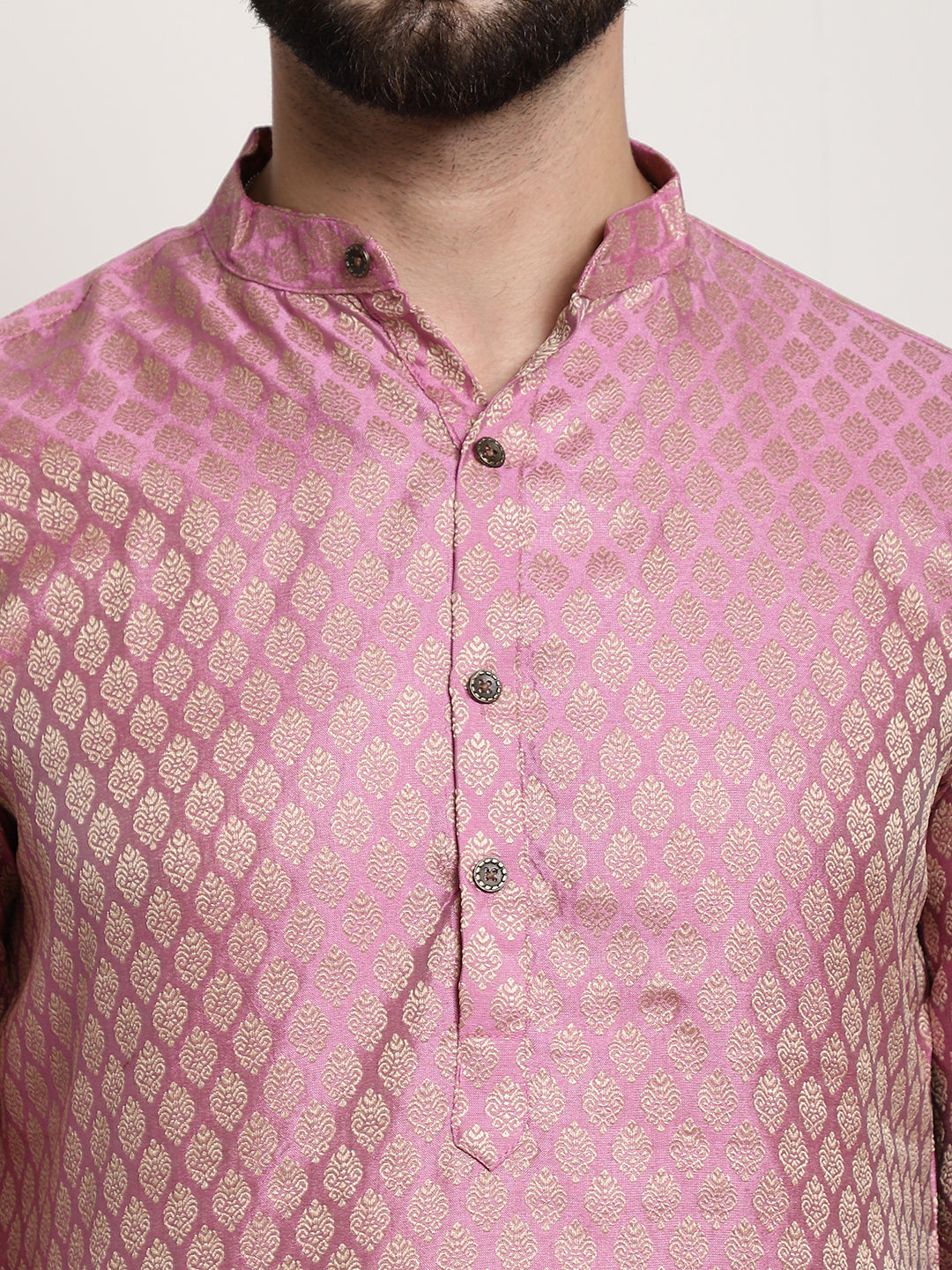 Men's Silk Blend Self Design Pink Long Kurta