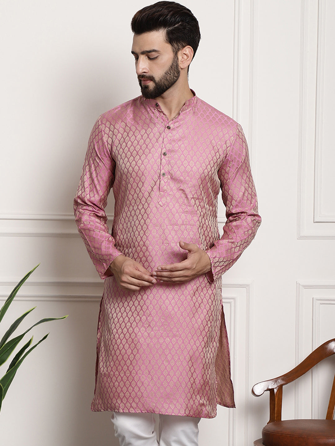 Men's Silk Blend Self Design Pink Long Kurta