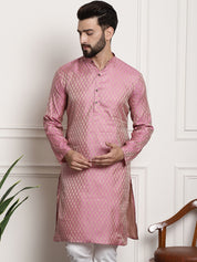 Men's Silk Blend Self Design Pink Long Kurta