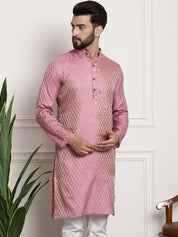 Men's Silk Blend Self Design Pink Long Kurta