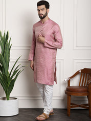 Men's Silk Blend Self design Pink Kurta With Cream Churidaar Pyjama