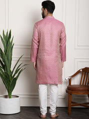 Men's Silk Blend Self design Pink Kurta With Cream Churidaar Pyjama