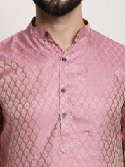 Men's Silk Blend Self design Pink Kurta With Cream Churidaar Pyjama