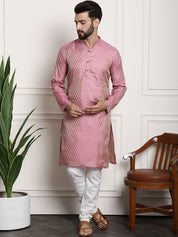 Men's Silk Blend Self design Pink Kurta With Cream Churidaar Pyjama