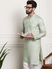 Men's Silk Blend Self Design Pista Green Long Kurta