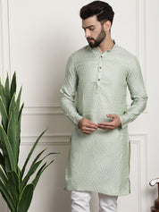 Men's Silk Blend Self Design Pista Green Long Kurta