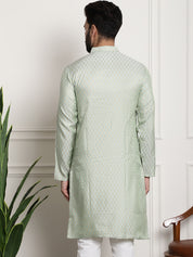 Men's Silk Blend Self Design Pista Green Long Kurta