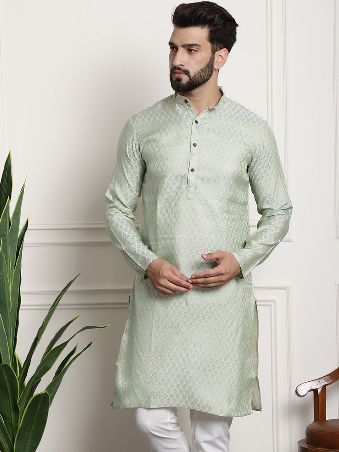 Men's Silk Blend Self Design Pista Green Long Kurta