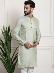 Men's Silk Blend Self Design Pista Green Long Kurta