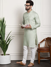 Men's Silk Blend Self design Pista Green Kurta With Cream Churidaar Pyjama