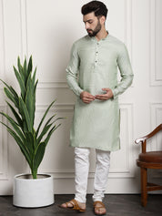 Men's Silk Blend Self design Pista Green Kurta With Cream Churidaar Pyjama