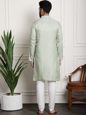 Men's Silk Blend Self design Pista Green Kurta With Cream Churidaar Pyjama