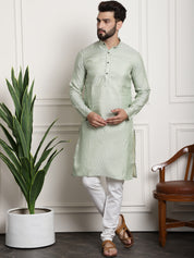 Men's Silk Blend Self design Pista Green Kurta With Cream Churidaar Pyjama