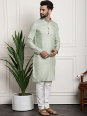 Men's Silk Blend Self design Pista Green Kurta With Cream Churidaar Pyjama