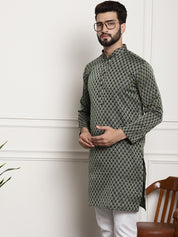 Men's Silk Blend Self Design Dark Green Long Kurta