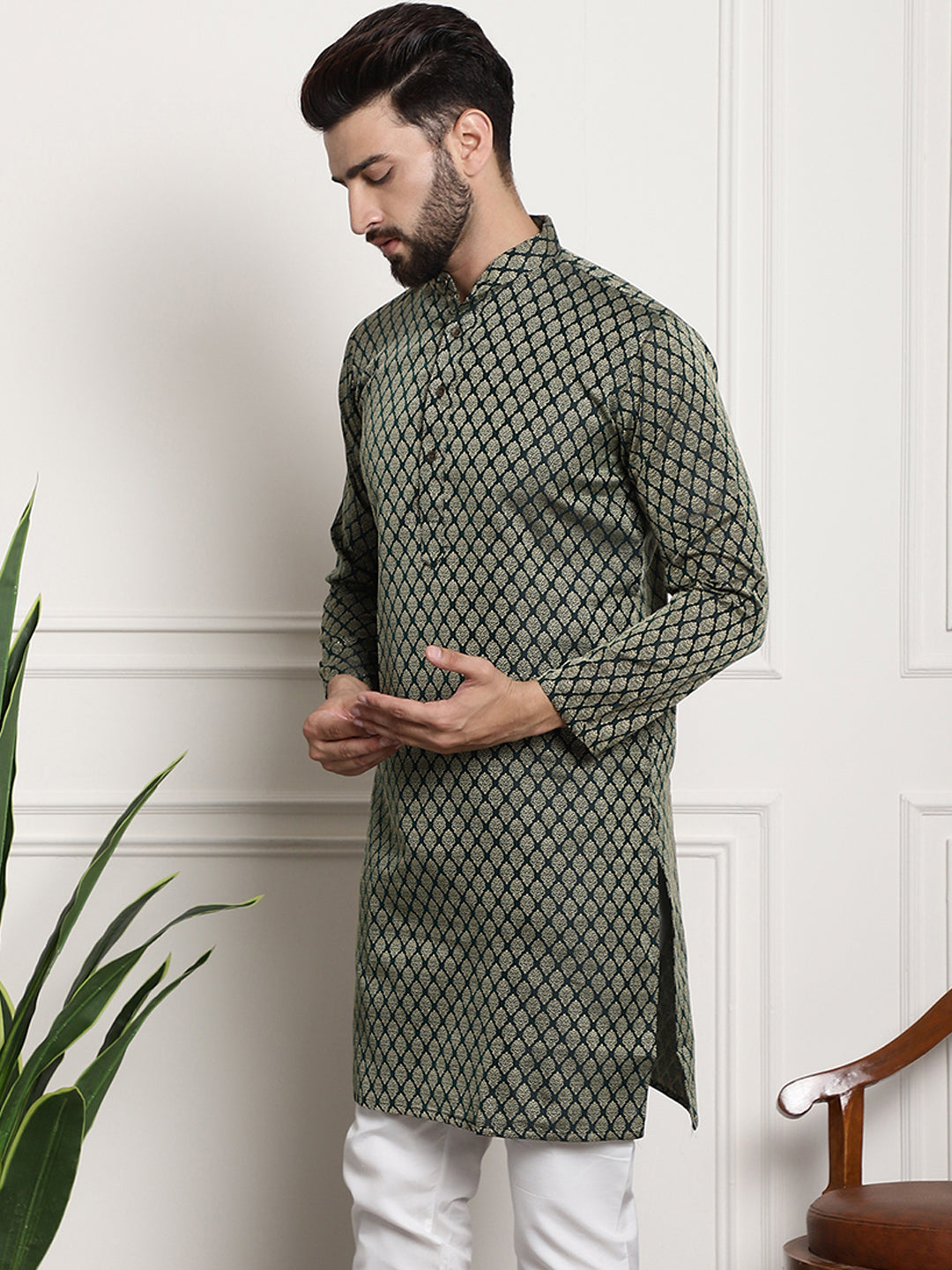 Men's Silk Blend Self Design Dark Green Long Kurta