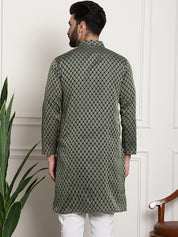 Men's Silk Blend Self Design Dark Green Long Kurta