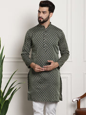 Men's Silk Blend Self Design Dark Green Long Kurta