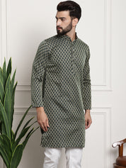 Men's Silk Blend Self Design Dark Green Long Kurta