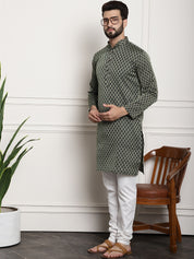 Men's Silk Blend Self design Dark Green Kurta With Cream Churidaar Pyjama