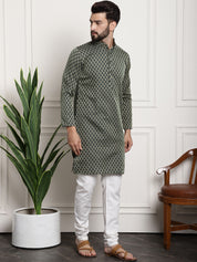 Men's Silk Blend Self design Dark Green Kurta With Cream Churidaar Pyjama