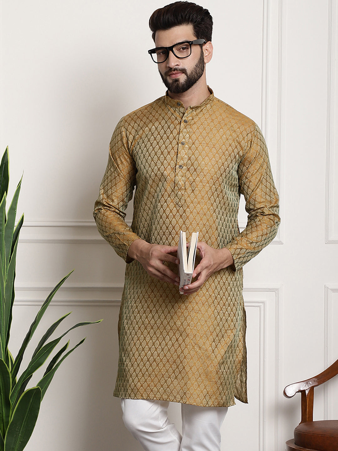 Men's Silk Blend Self Design Mustard Long Kurta