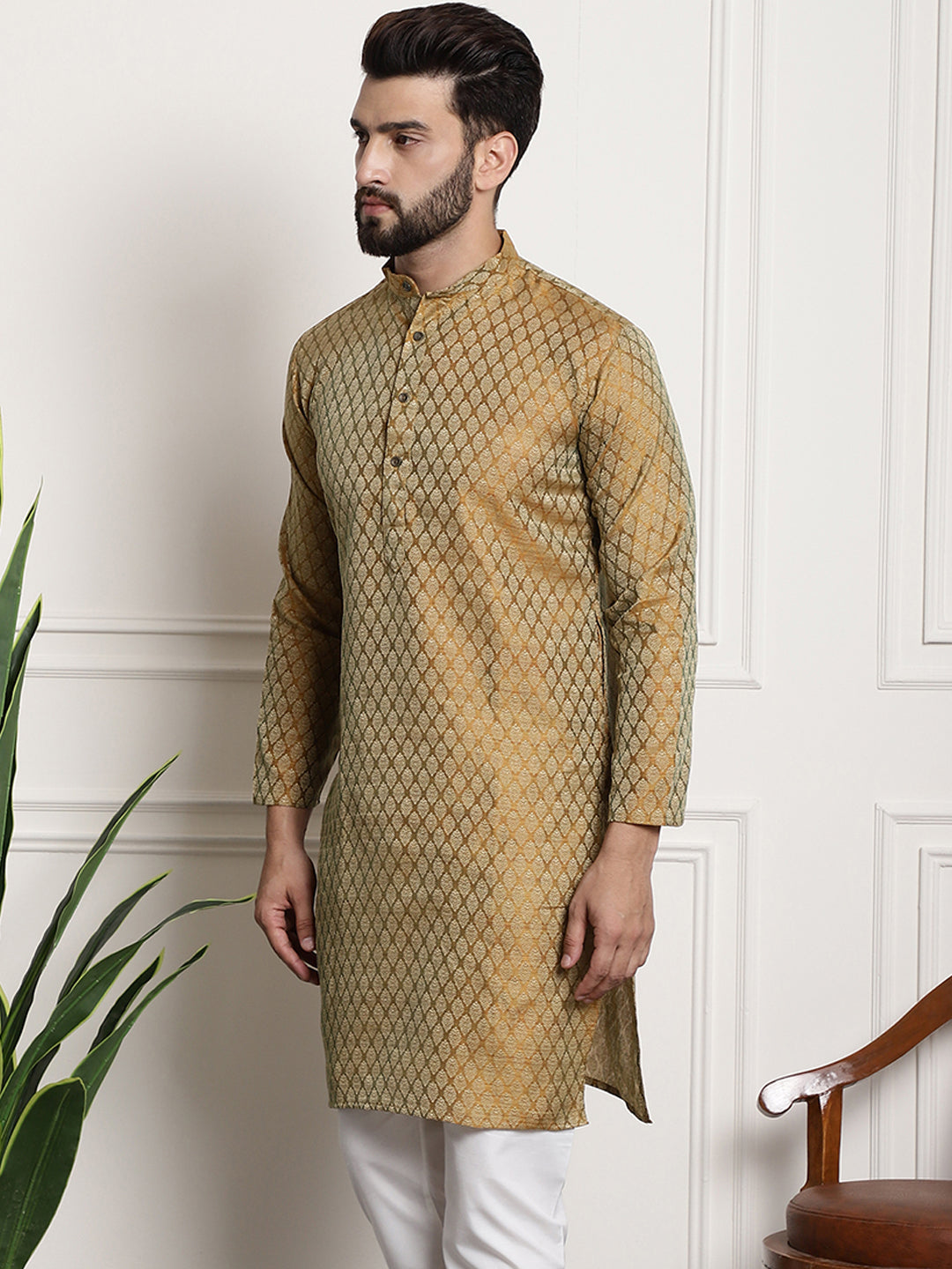 Men's Silk Blend Self Design Mustard Long Kurta