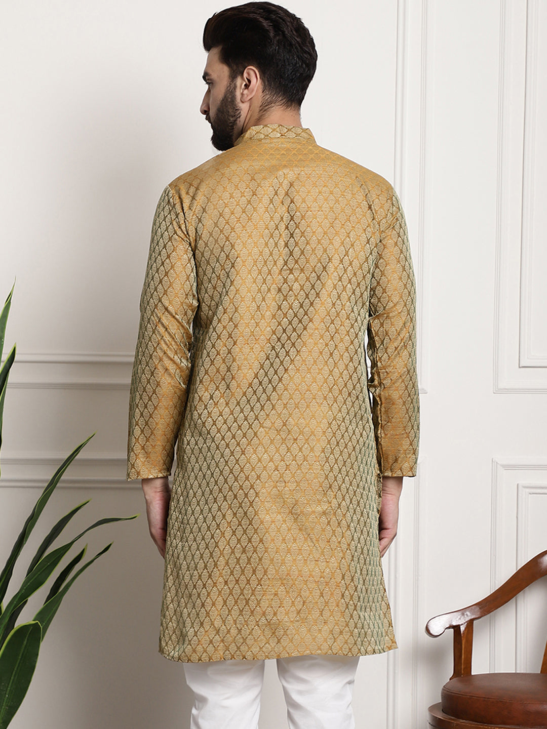 Men's Silk Blend Self Design Mustard Long Kurta